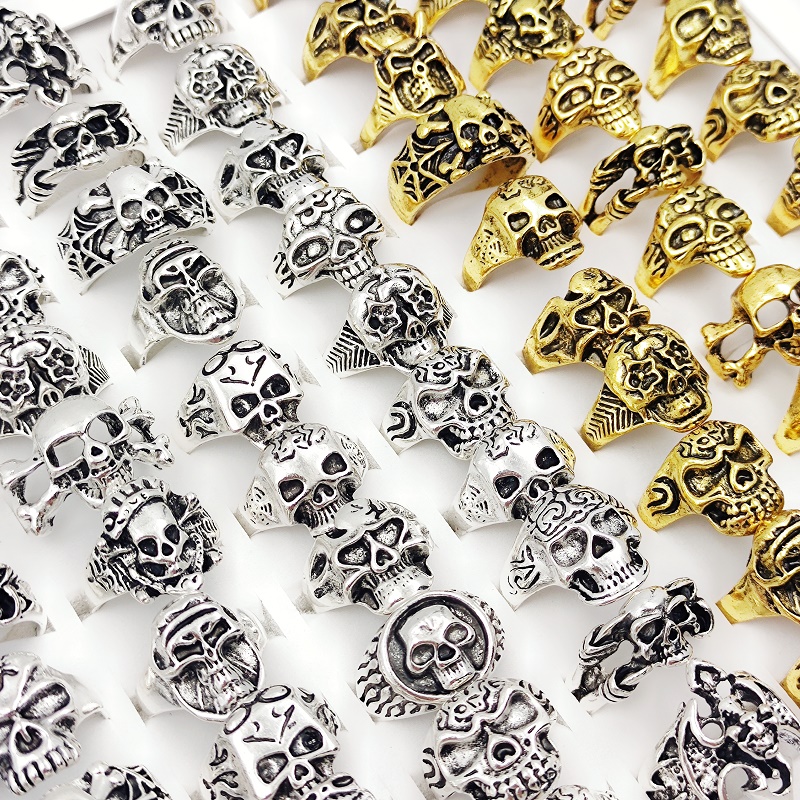 Vintage Punk Skull Skeleton Rings Mix Style Silver Plated Gothic Jewelry Lot